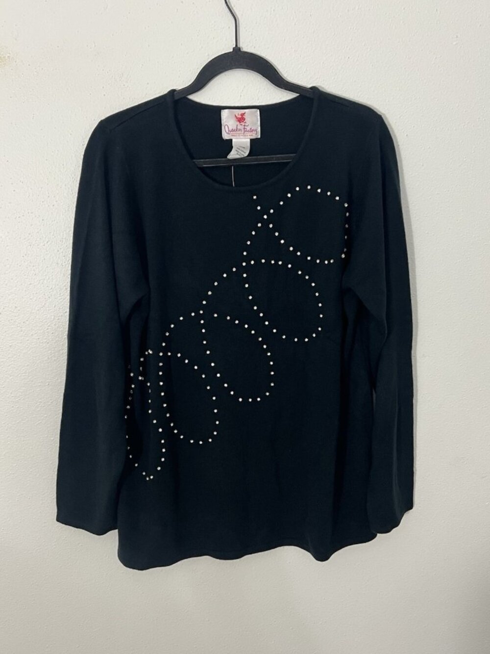 NWT Quacker Factory Black Sweater With Rhinestone Swirl On Front Back Size Large